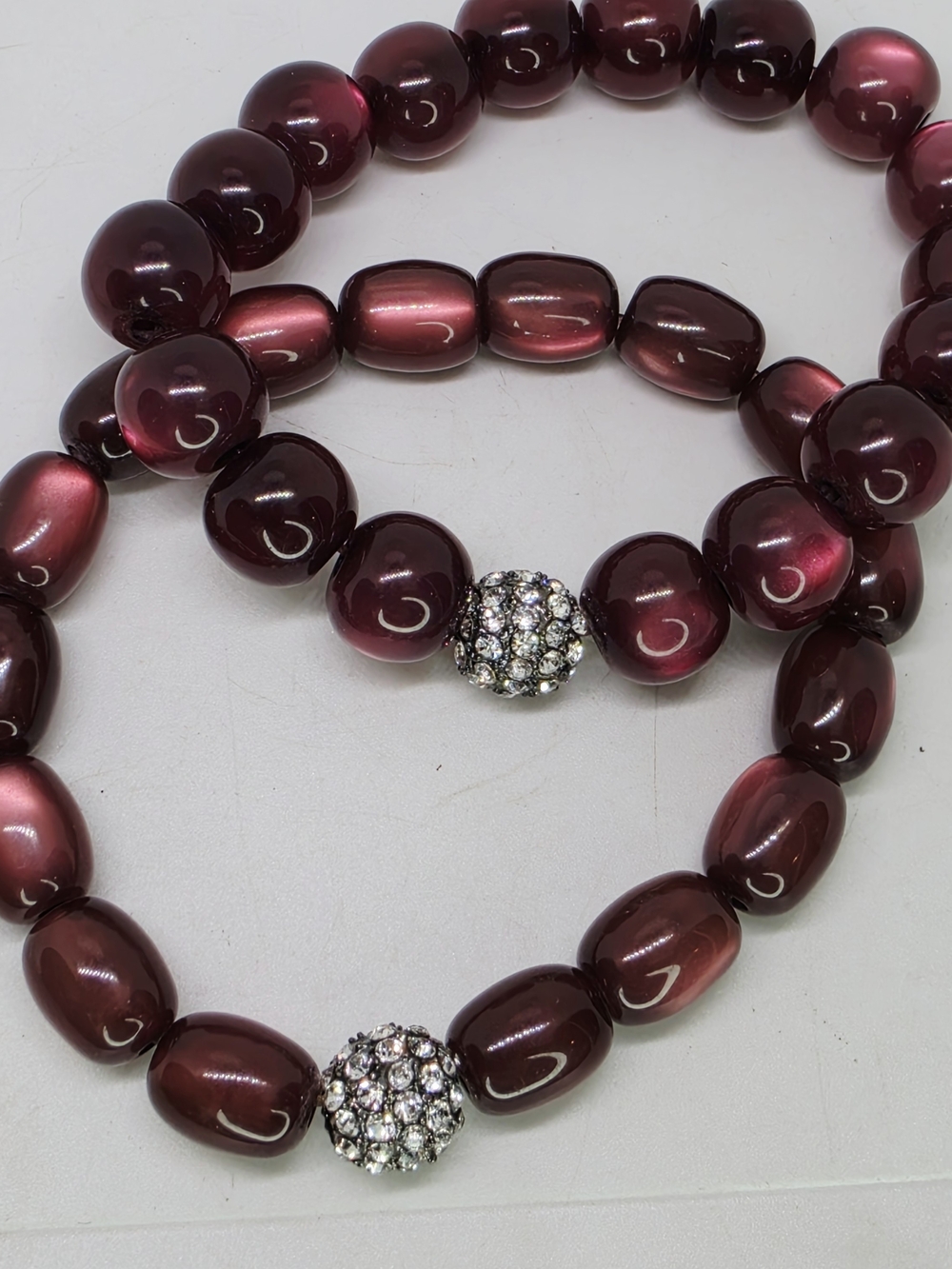 Vintage Burgundy Cat Eye Stack Stretch Bracelet Rhinestone Pave Disco Bead Lot 2 - Picture 2 of 7